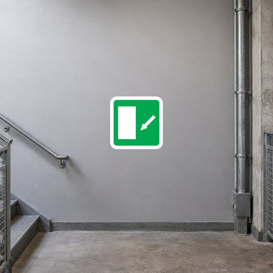 Emergency safety sticker with green square icon of door and arrow