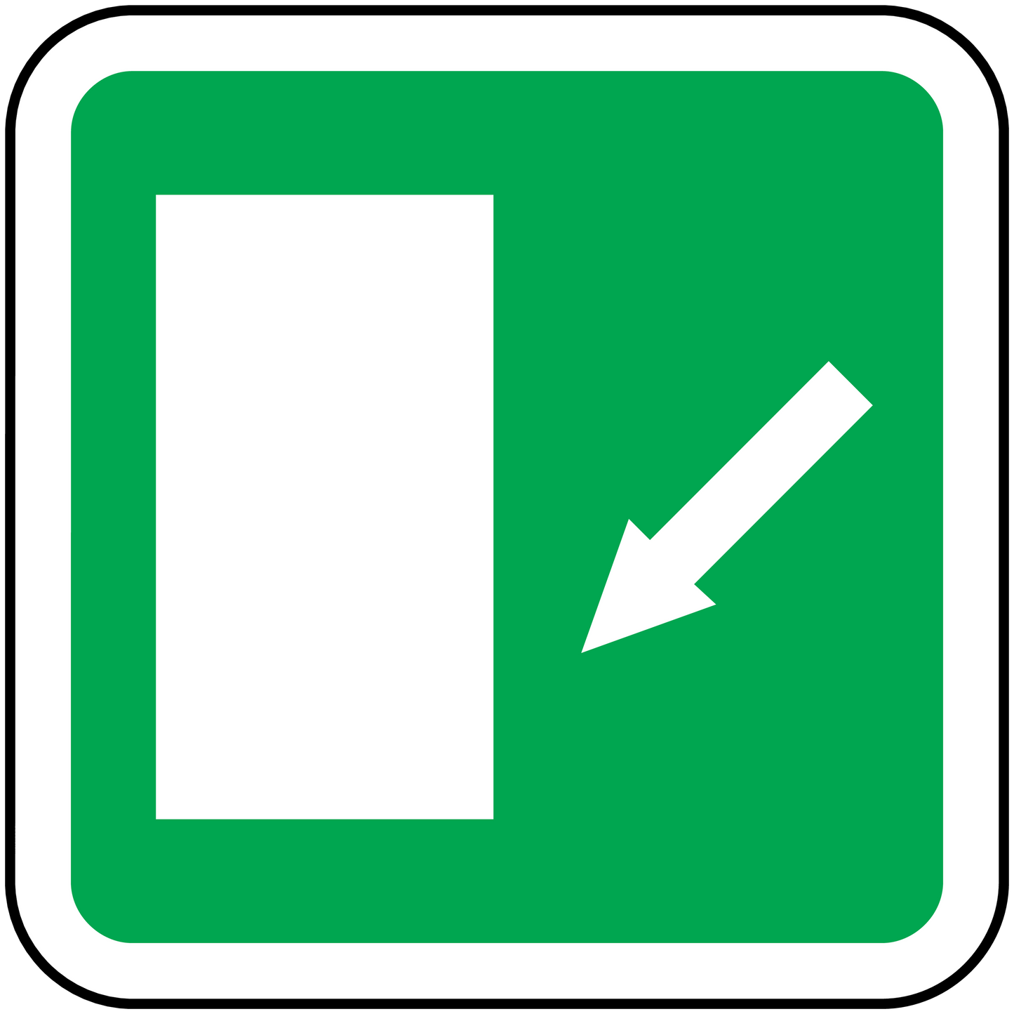 Emergency safety sticker, green square with white border, blank panel and down arrow