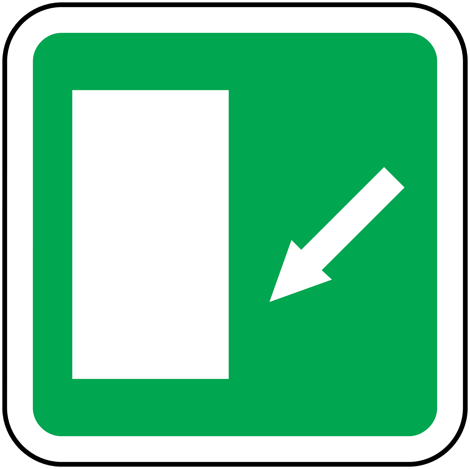 Emergency safety sticker, green square with white border, blank panel and down arrow