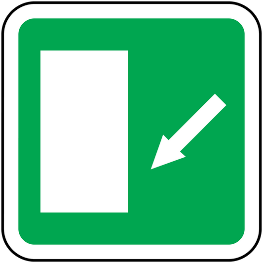 Emergency safety sticker, green square with white border, blank panel and down arrow
