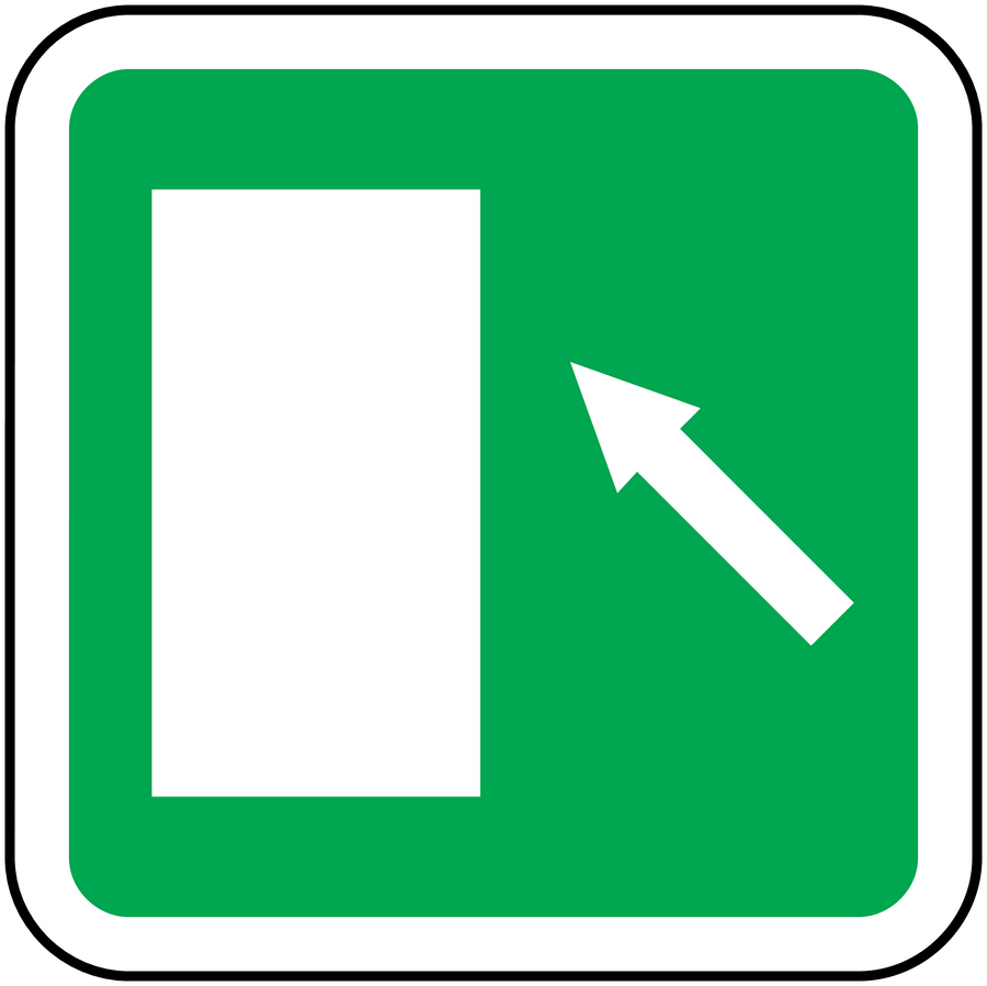 Emergency brace sticker, green square label with arrow and white panel