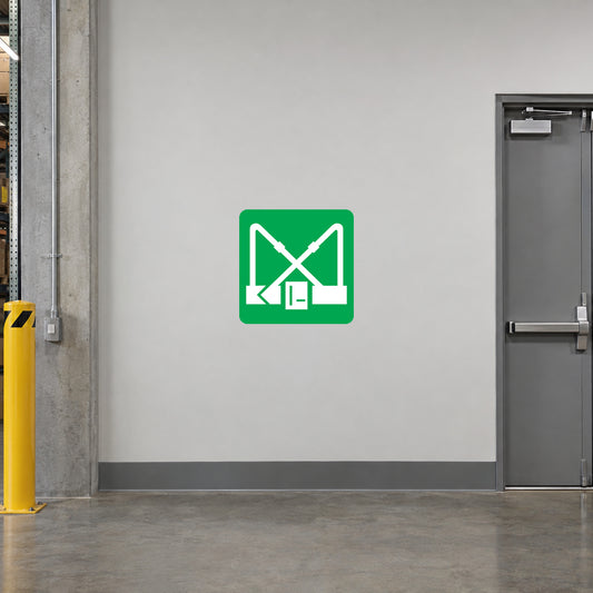 Green emergency stairs up sign sticker with climbing arrow and door icons