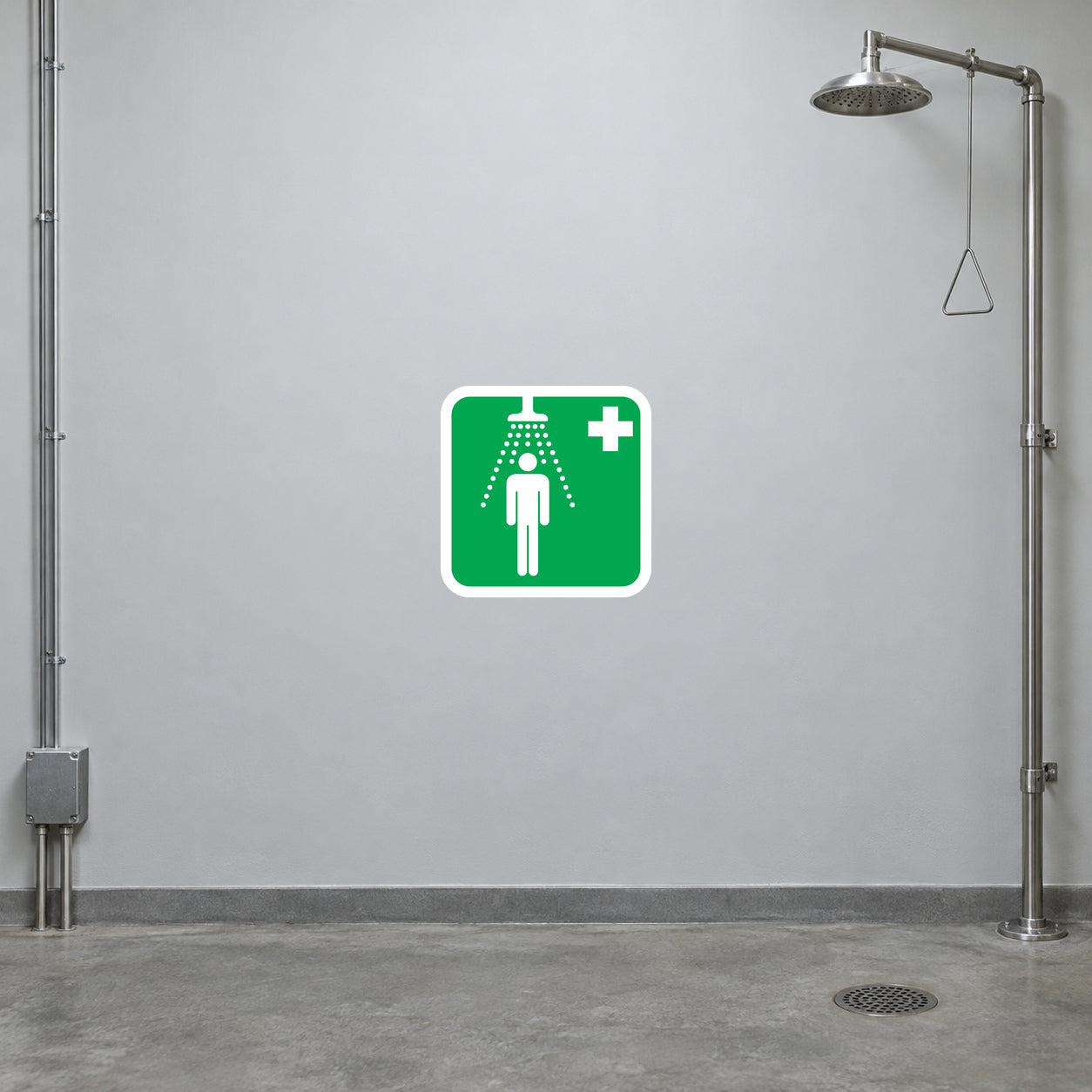 Green first aid warning sticker with white person and plus symbol icon