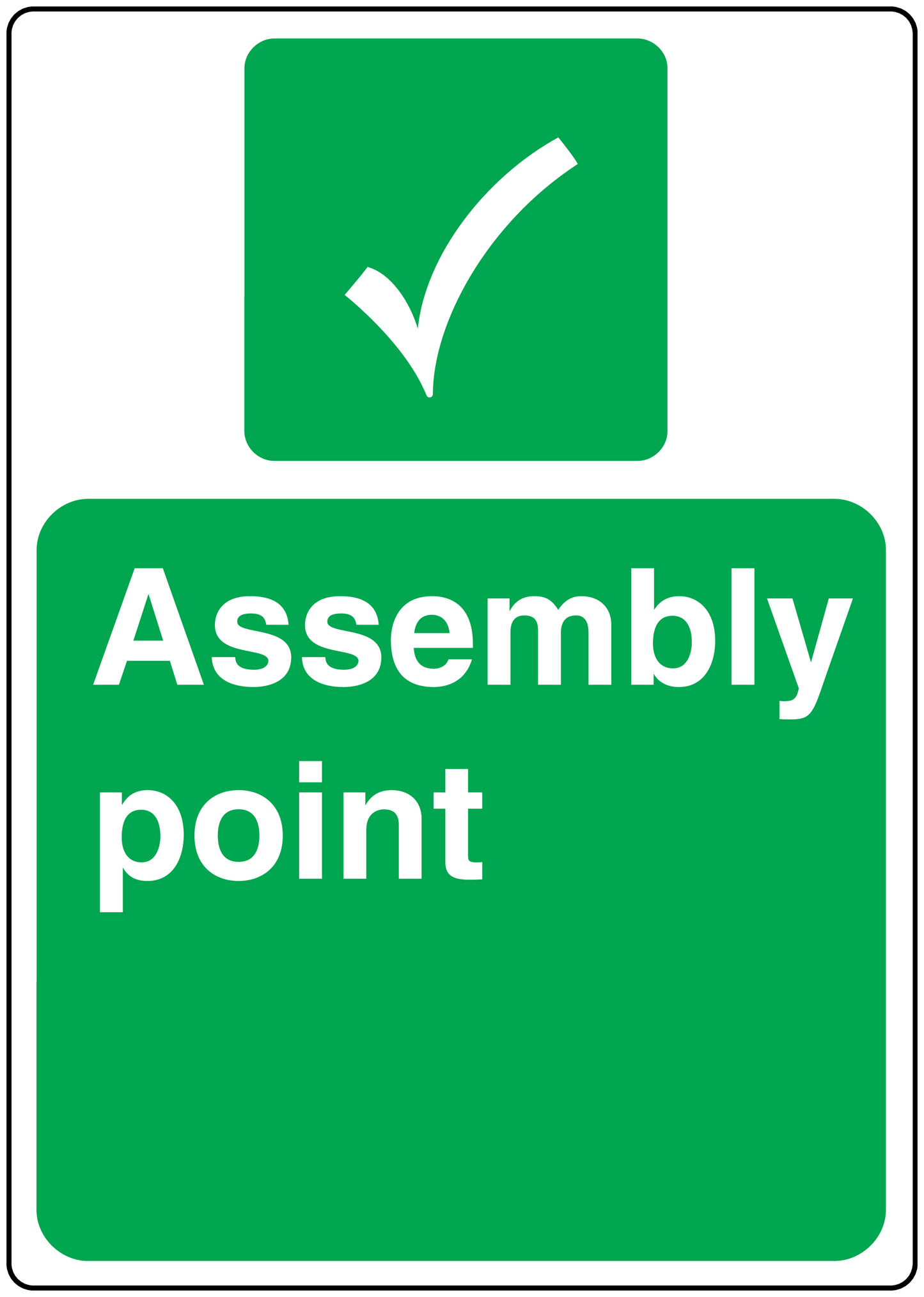Assembly point sticker with green checkmark, white border, and Assembly point text