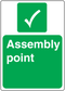 Assembly point sticker with green checkmark, white border, and Assembly point text