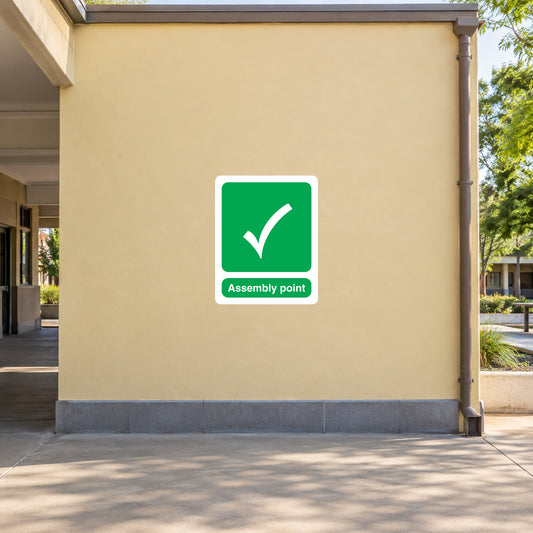 Assembly point sticker, green square with checkmark and label