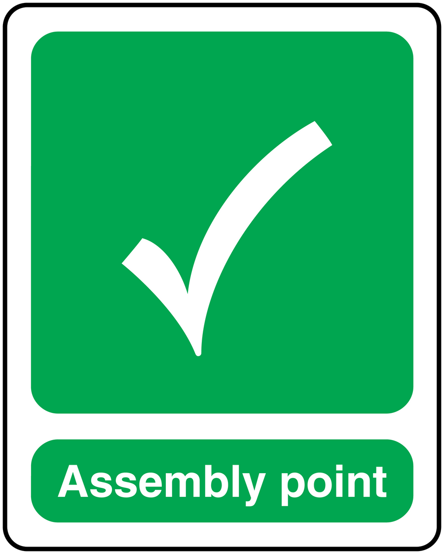 Emergency assembly point sticker with green sign, checkmark, and “Assembly point” text