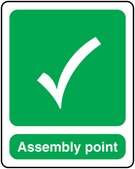 Emergency assembly point sticker with green sign, checkmark, and “Assembly point” text