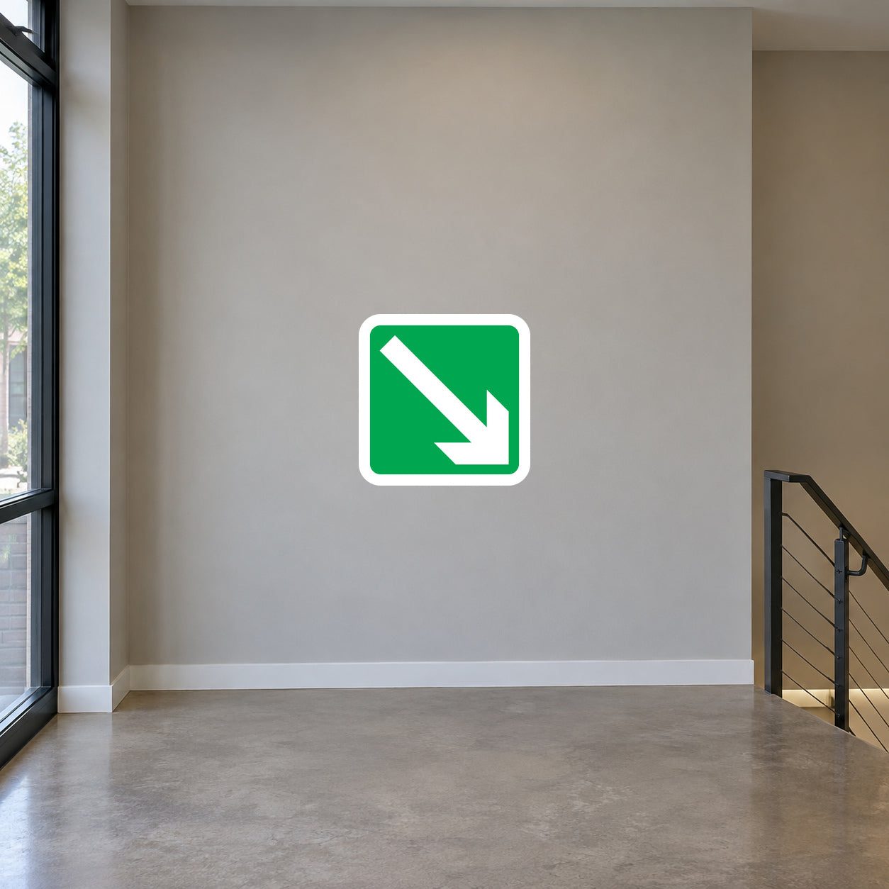 Green square arrow down-right sticker with white border and white arrow