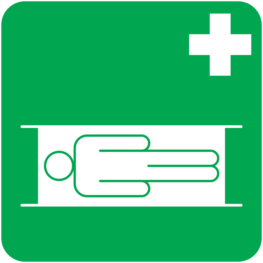 Green medical help sticker with white cross and stretcher icon