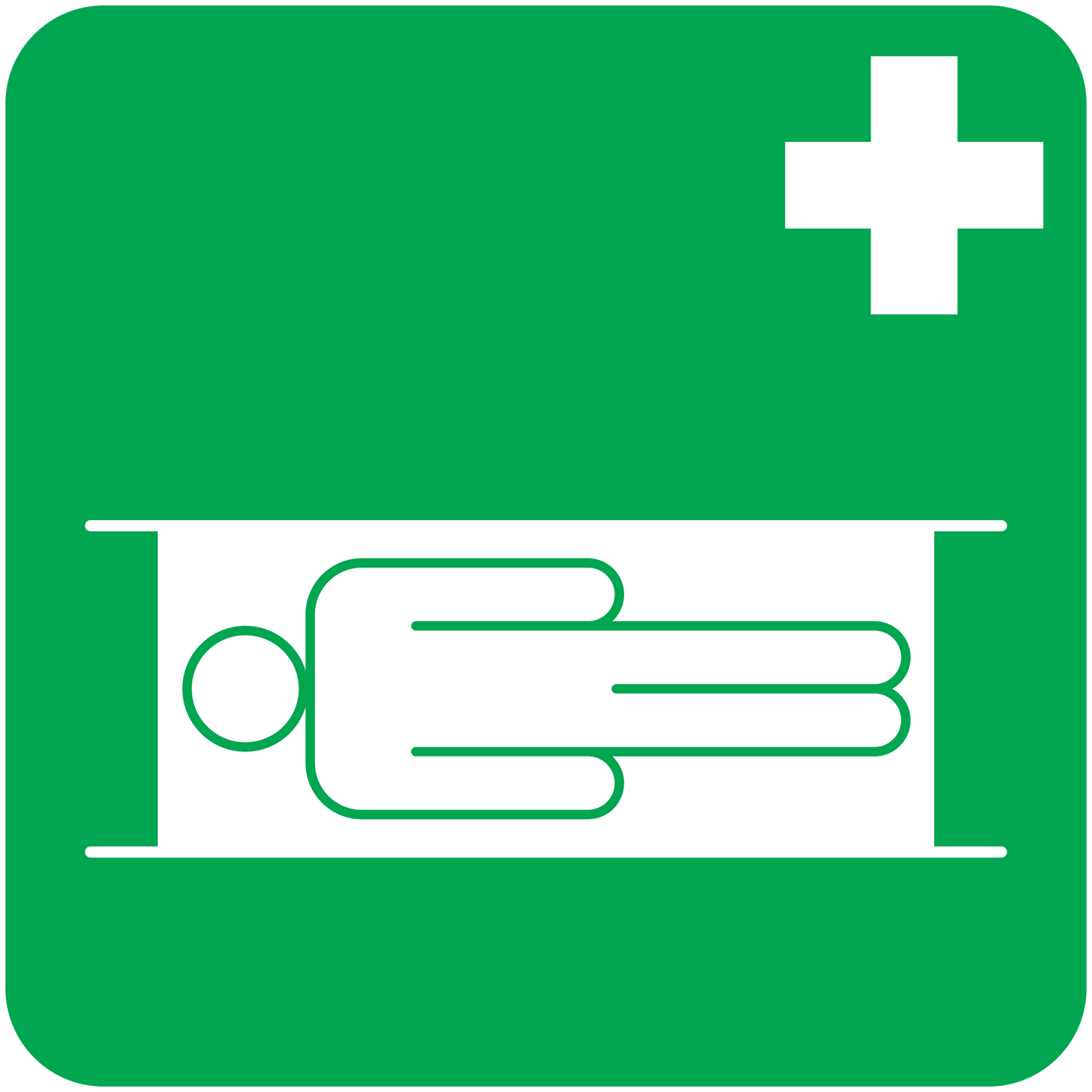 Green medical help sticker with white cross and stretcher icon