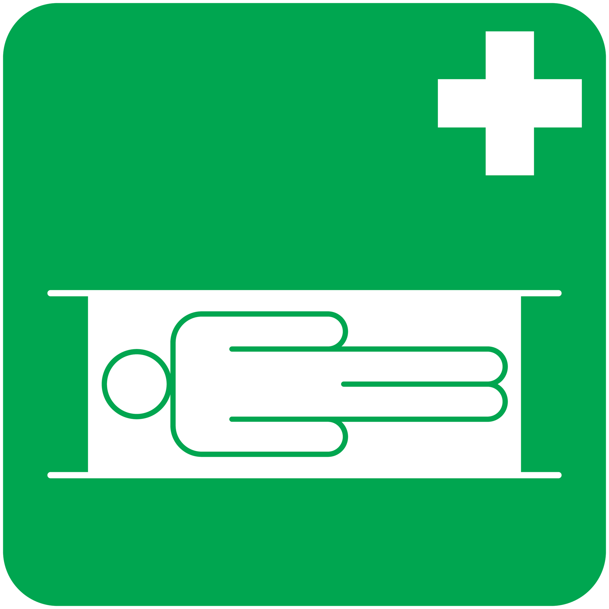 Green medical help sticker with white cross and stretcher icon