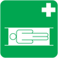 Green medical help sticker with white cross and stretcher icon