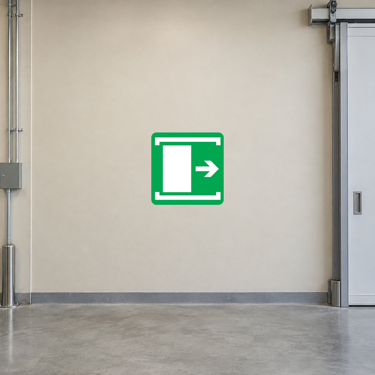 Exit door right vinyl sticker with green door icon and right arrow