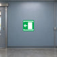 Left-exit vinyl door sticker with green door frame and arrow