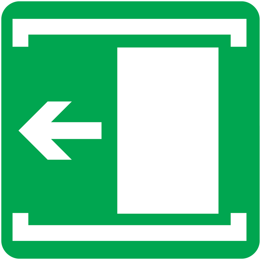 Green exit door left vinyl sticker with left arrow and door icon