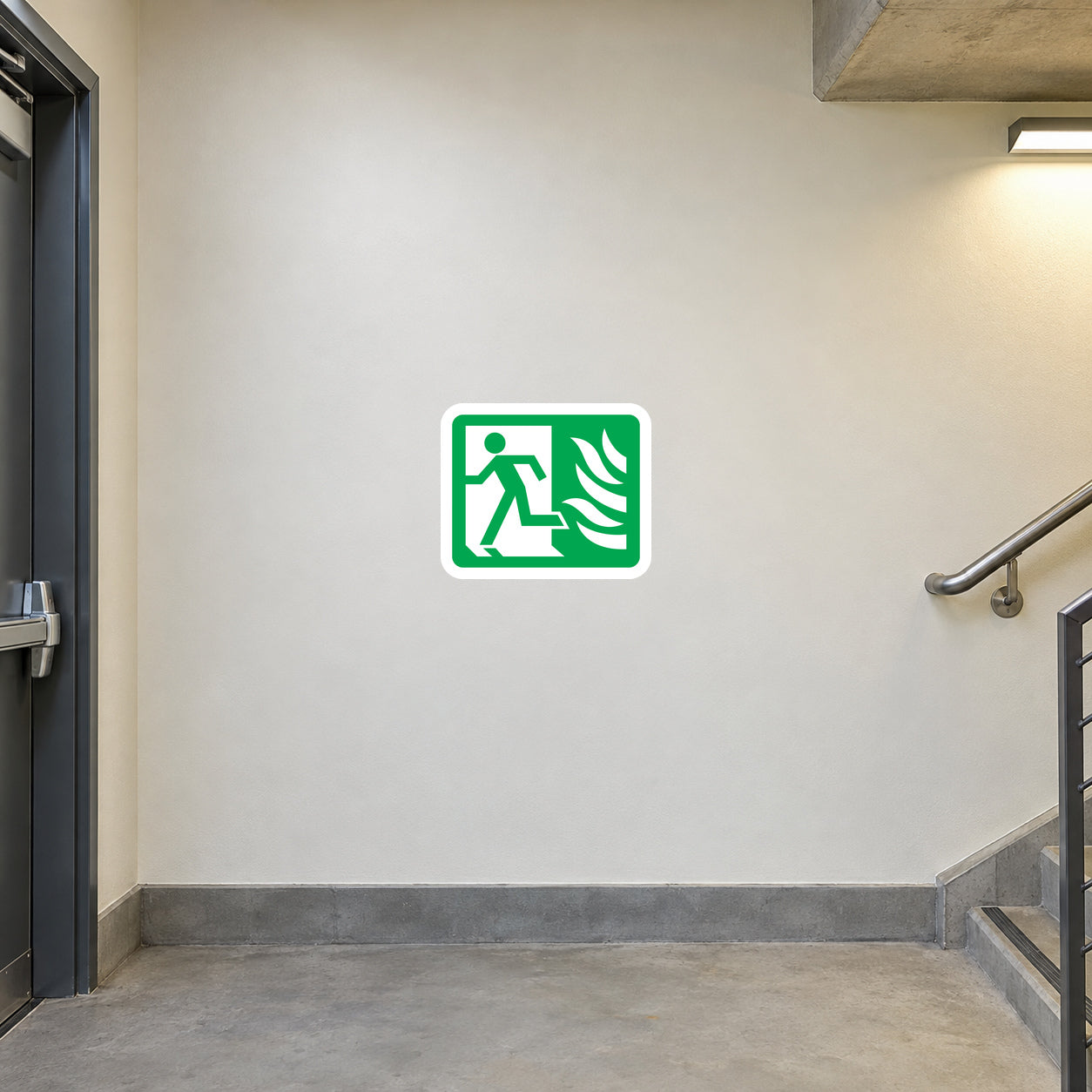 Emergency exit door sticker with running figure and arrow, green on white.