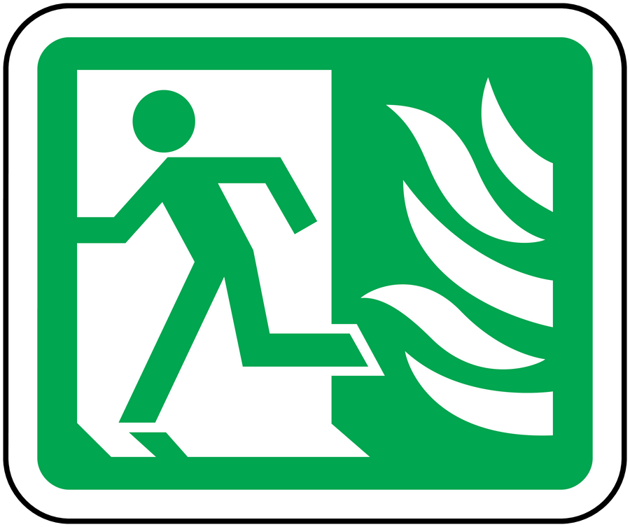 Emergency exit door sticker with white running figure and flame arrow on green