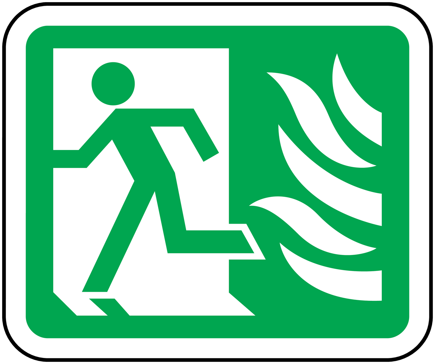 Emergency exit door sticker with white running figure and flame arrow on green