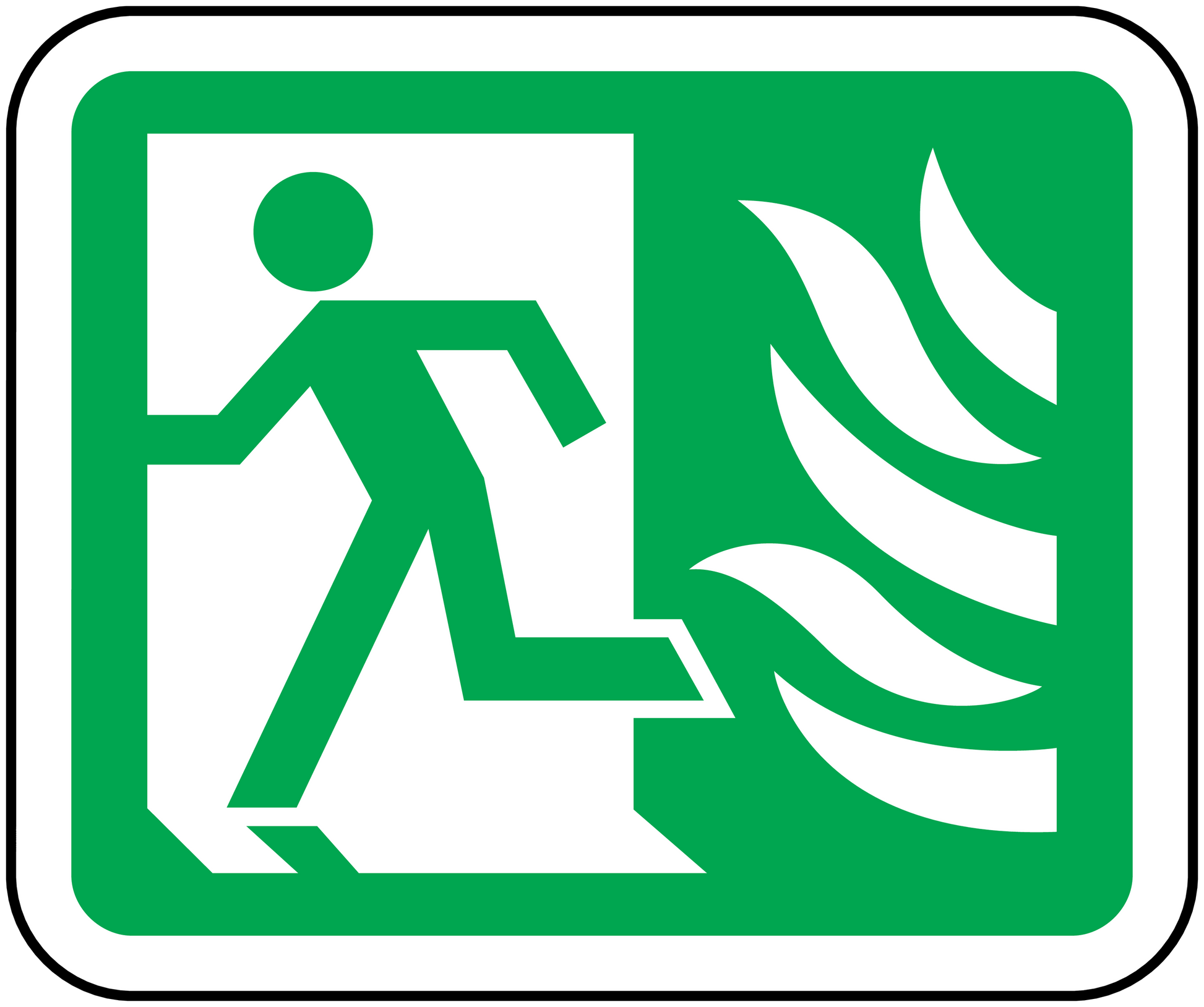 Emergency exit door sticker with white running figure and flame arrow on green