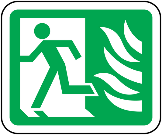 Emergency exit door sticker with white running figure and flame arrow on green