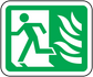 Emergency exit door sticker with white running figure and flame arrow on green