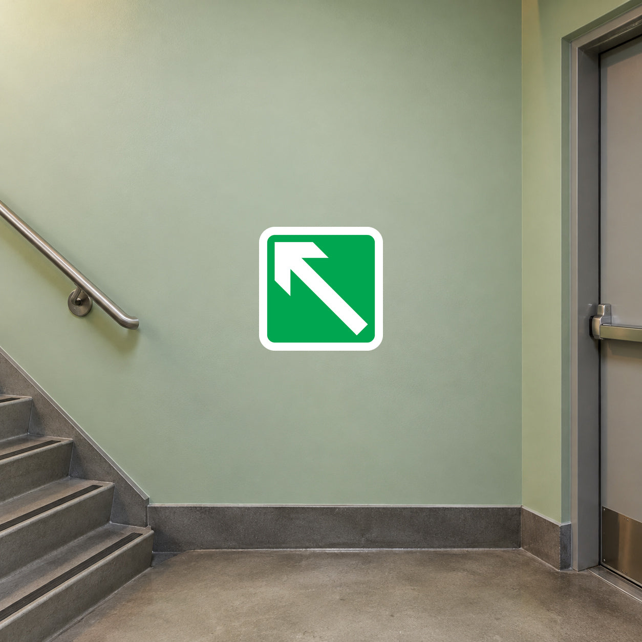 Green square sticker with white arrow pointing up and to the right