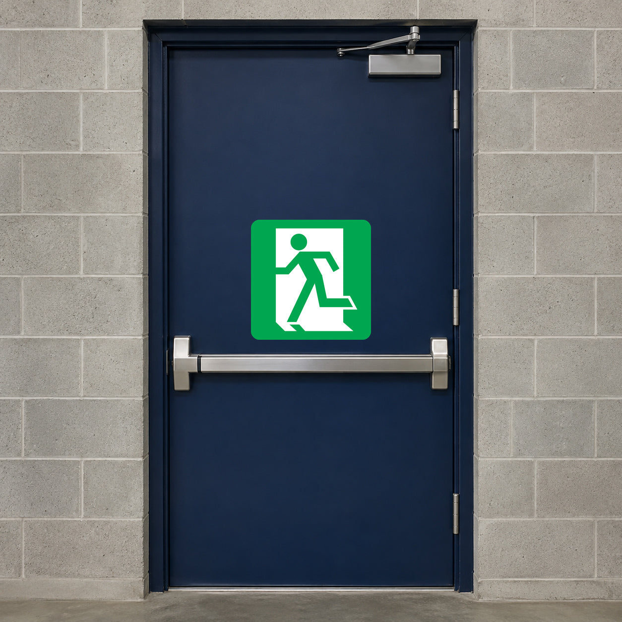 Exit door sticker with green running figure and arrow safety sign