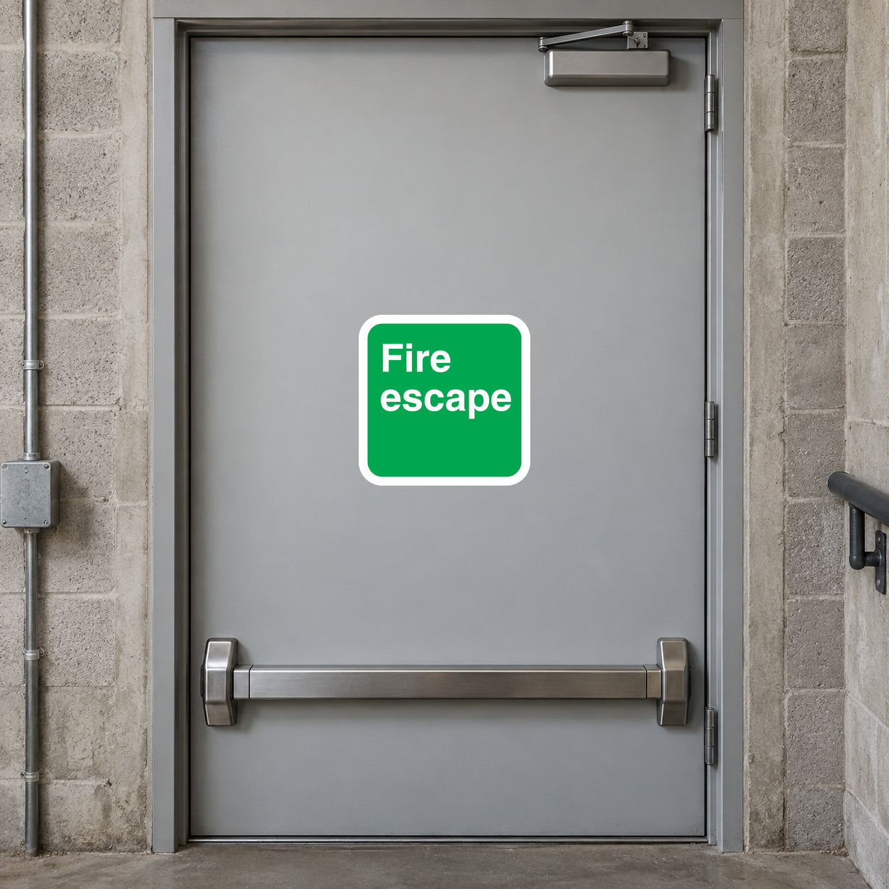 Green fire escape sticker with white text on a square label