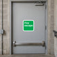 Green fire escape sticker with white text on a square label