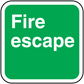 Green fire escape safety sticker with bold white “Fire escape” text, rounded corners.
