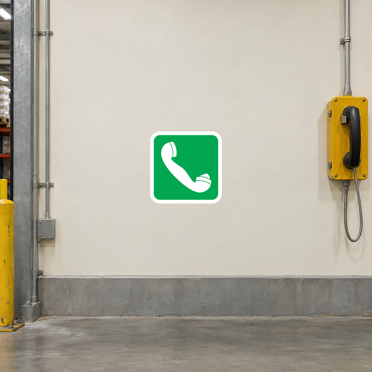 Emergency phone sticker, green square with white handset icon