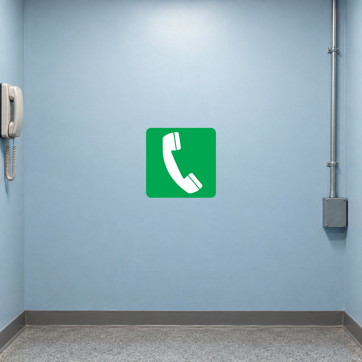 Green square phone icon sticker with white handset symbol