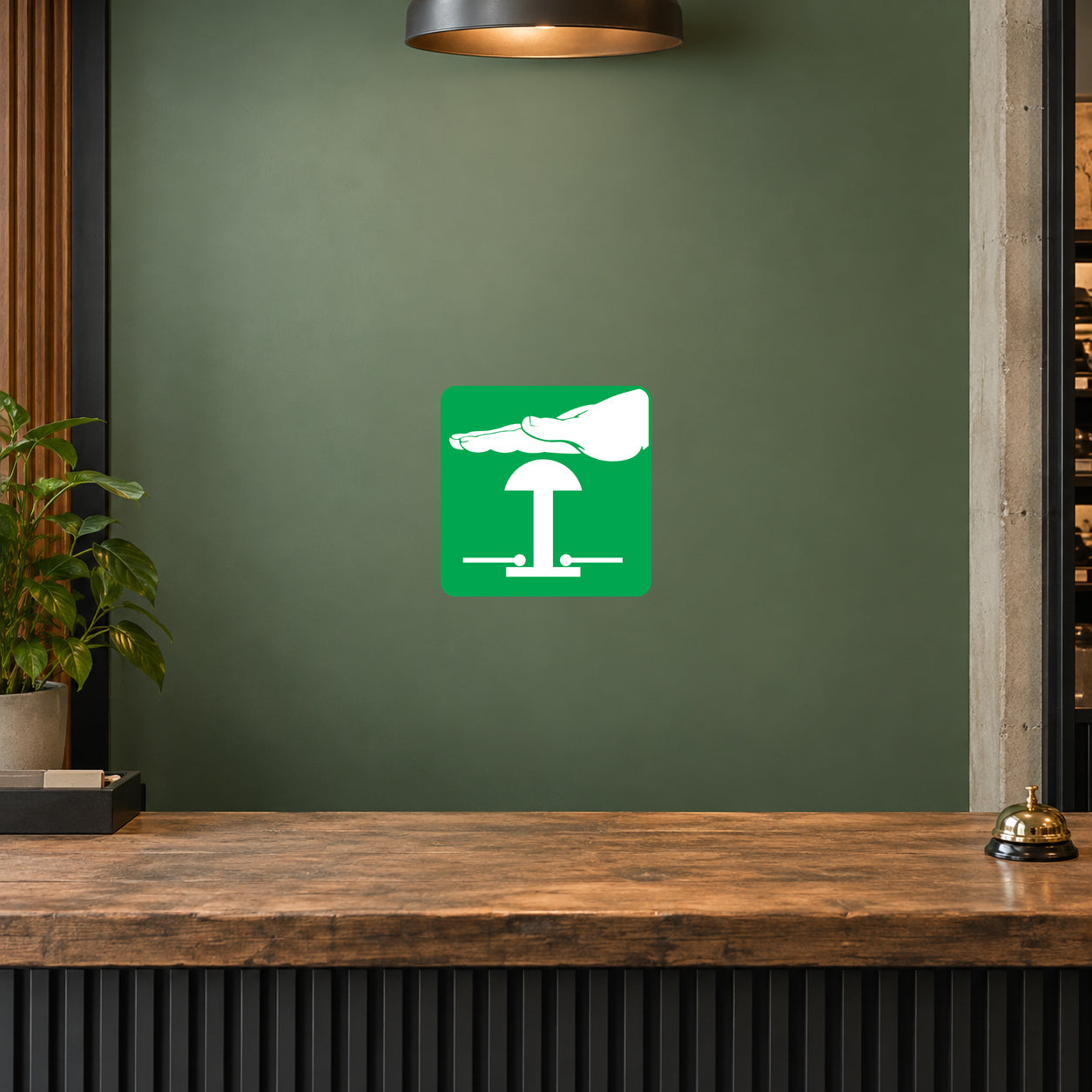 Service bell sign sticker, square green with white service icon