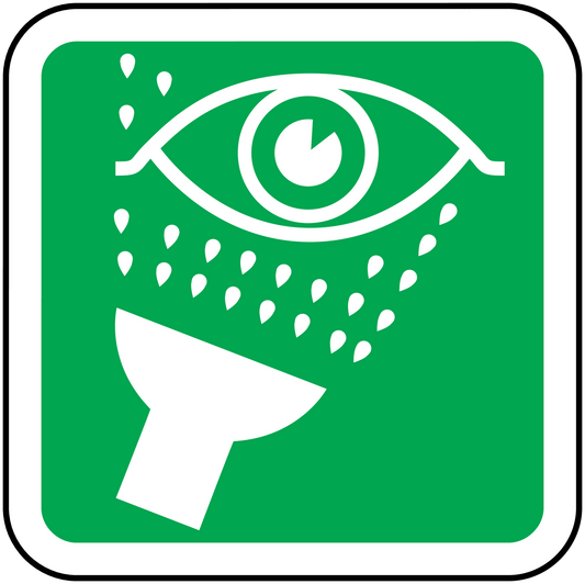 Eye rinse station safety sticker with green background and white eye/streams icon