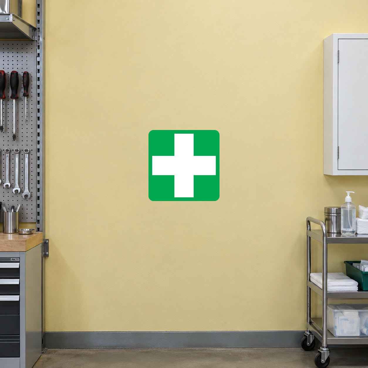 Medical marijuana sticker with green background and white medical cross