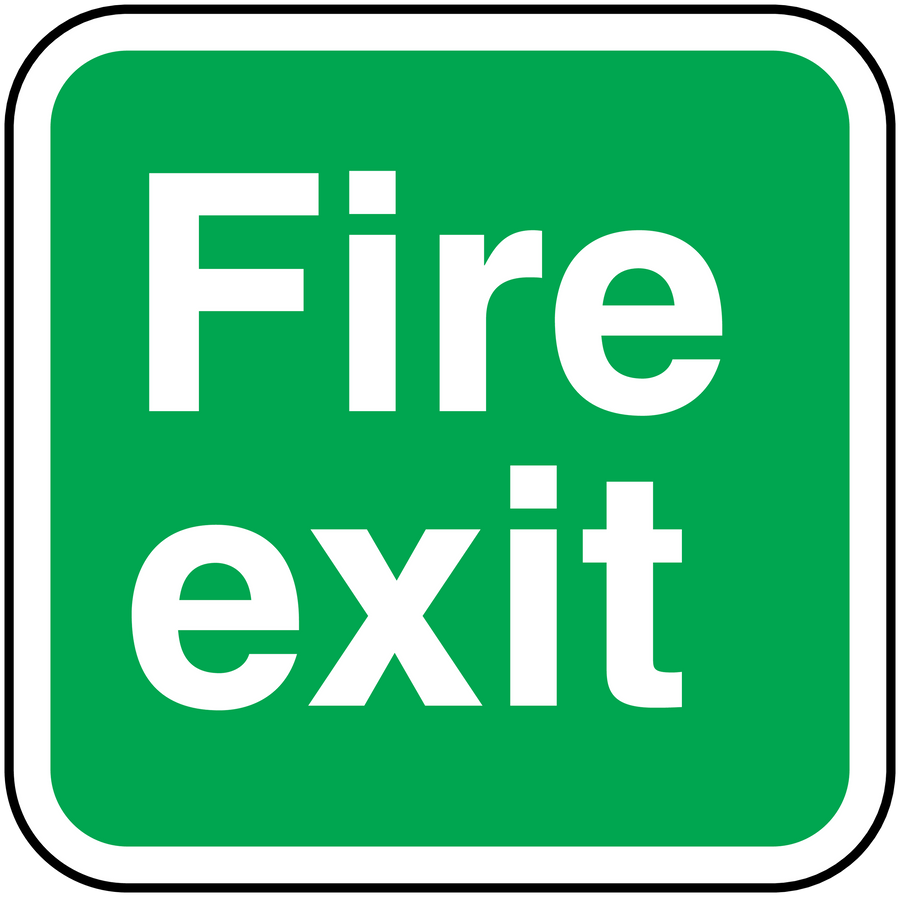 Green square fire exit sticker with bold “Fire exit” text