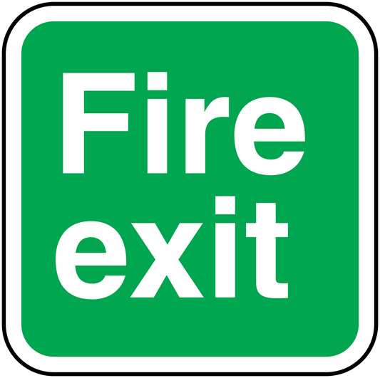 Green square fire exit sticker with bold “Fire exit” text