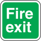Green square fire exit sticker with bold “Fire exit” text