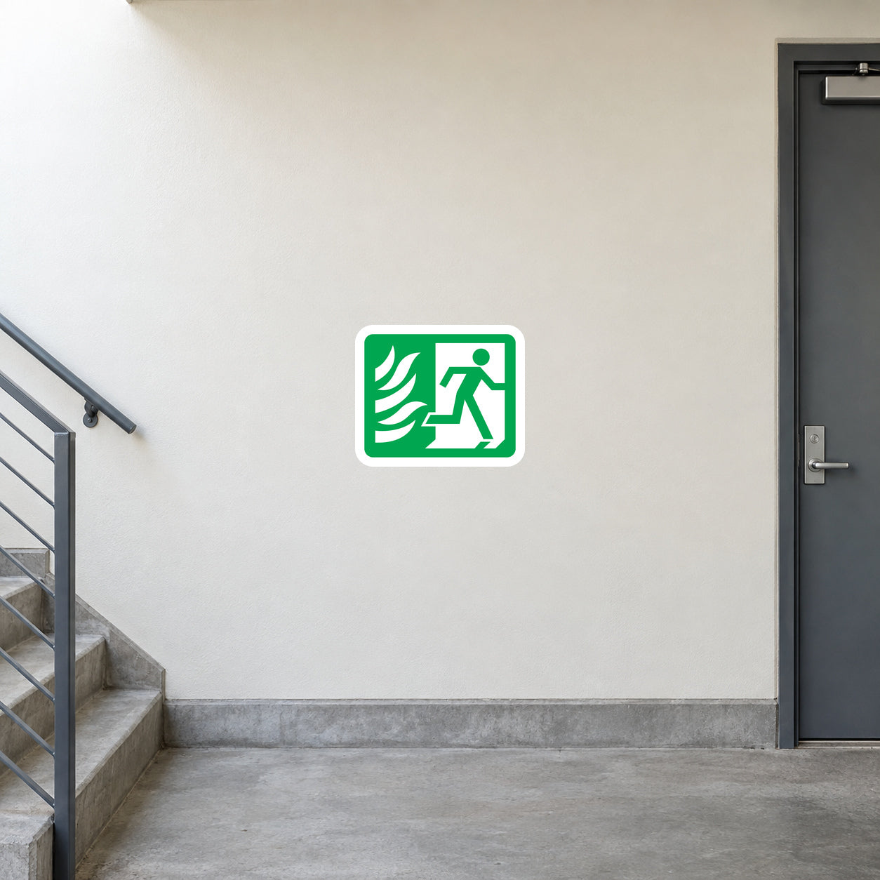 Fire door safety sticker with green running exit icon on white background