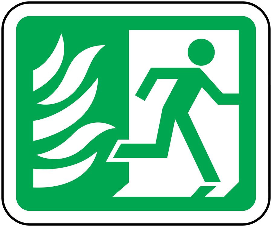 Fire door sticker with white running figure and flames inside green border