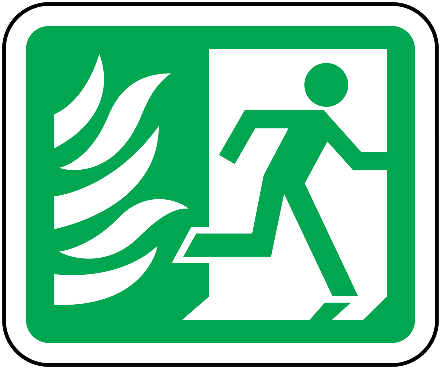Fire door sticker with white running figure and flames inside green border