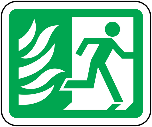 Fire door sticker with white running figure and flames inside green border