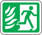 Fire door sticker with white running figure and flames inside green border