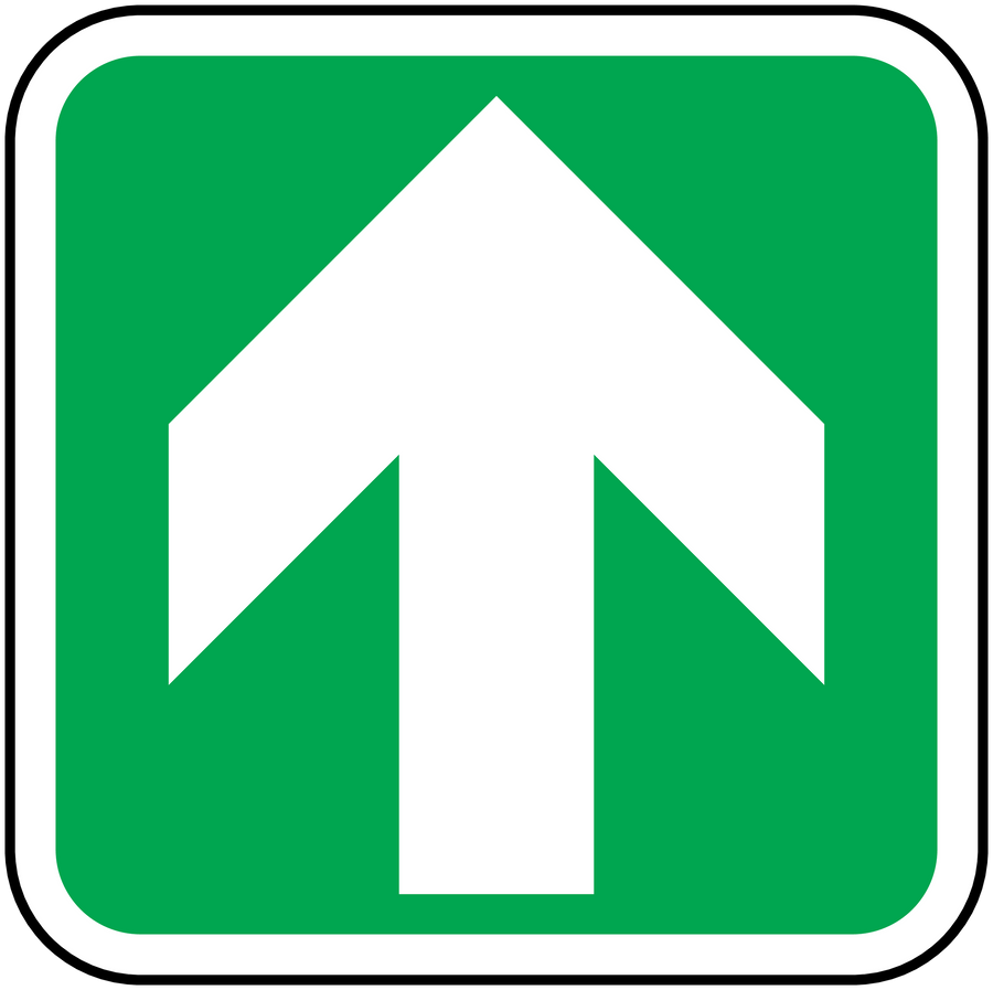 Green square sticker with white upward arrow