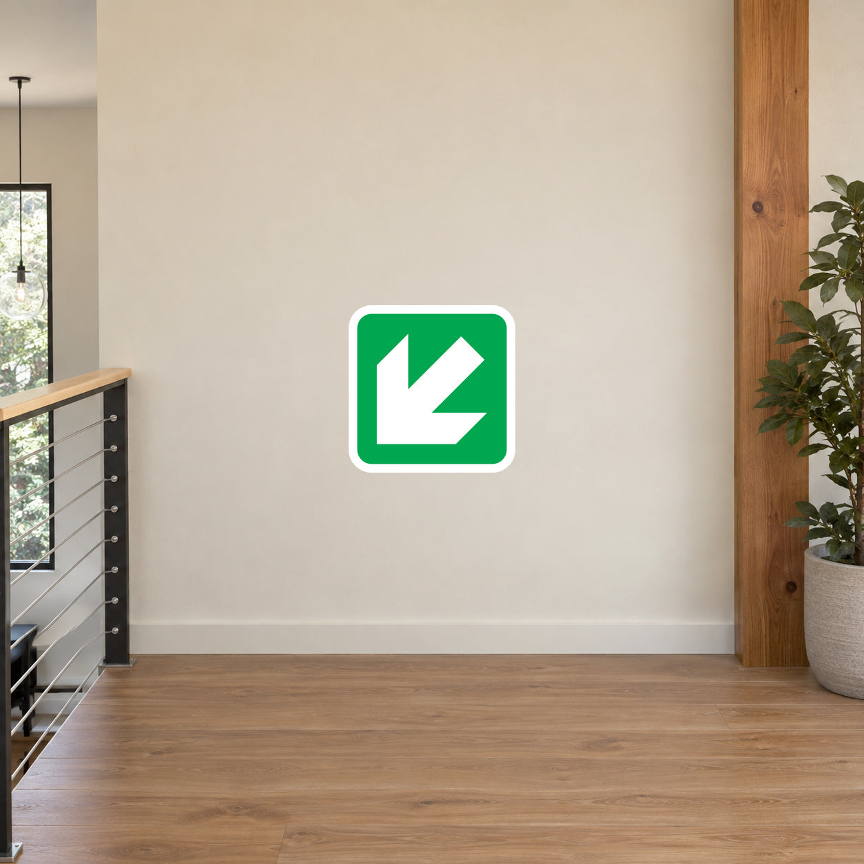 Green square sticker with white downward-left emergency arrow.
