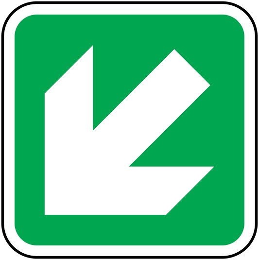 Emergency arrow down-left sticker, green background with white directional arrow