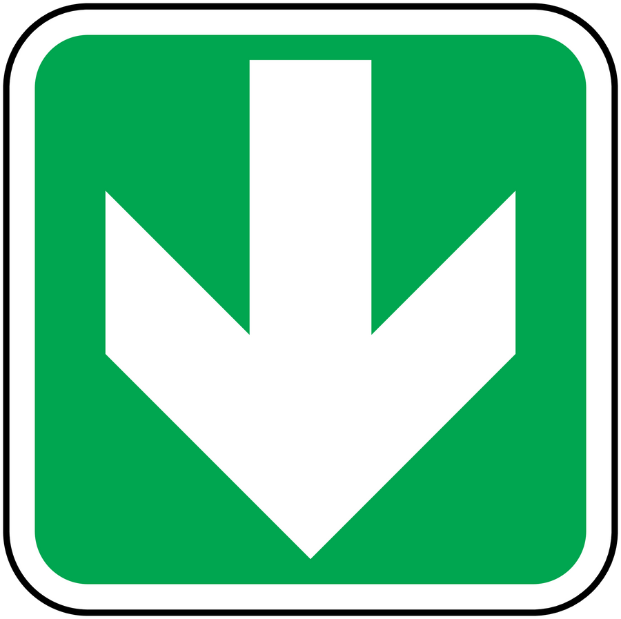 Green down arrow square sticker with white border and white downward chevron