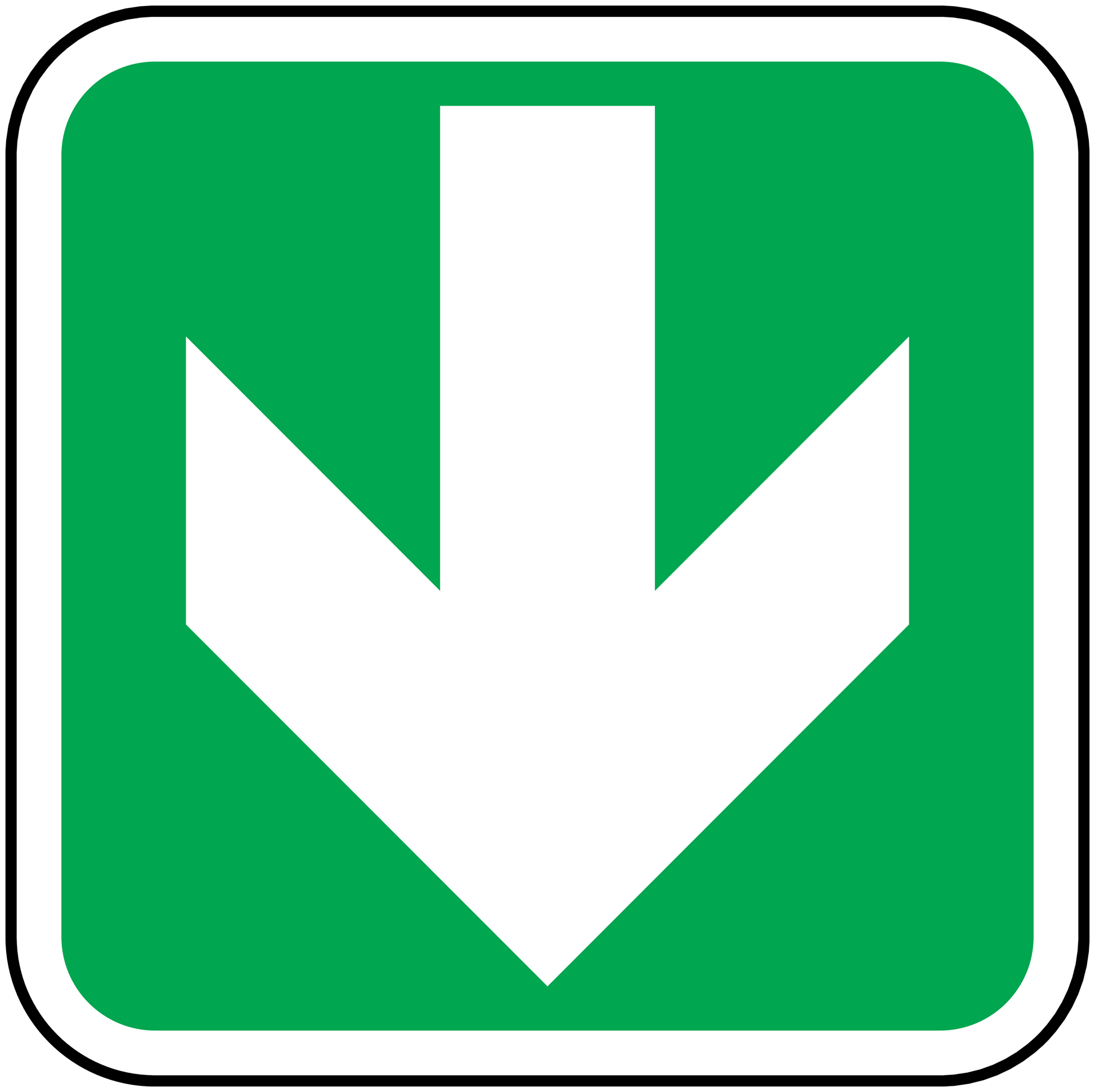 Green down arrow square sticker with white border and white downward chevron