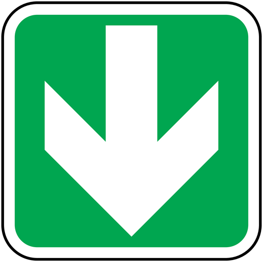 Green down arrow square sticker with white border and white downward chevron